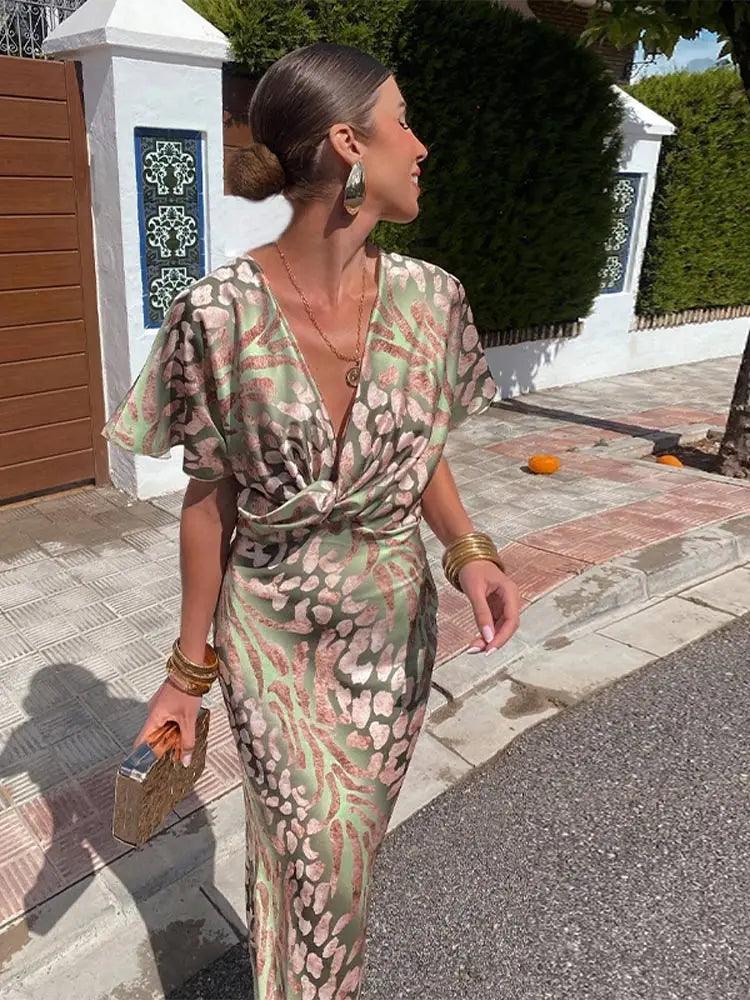 Elegant Floral Midi Dress for Women – V-Neck, Short Sleeve, Pleated